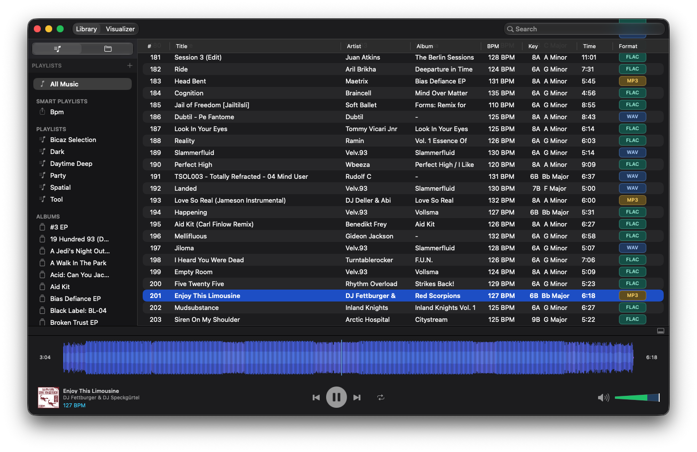 Illuminated library with track metadata and waveform playback