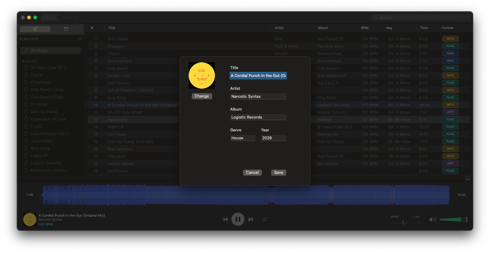 Illuminated metadata editor for changing a track's title, artist, album, genre, year, and artwork