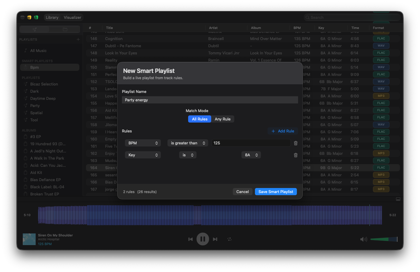 Illuminated smart playlist editor with BPM and key rules